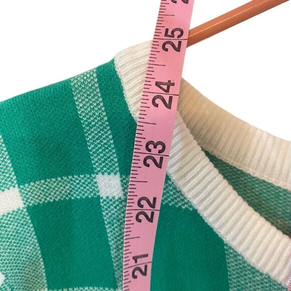 Tahari XL crew neck long sleeve sweater green and cream plaid - Picture 7 of 7